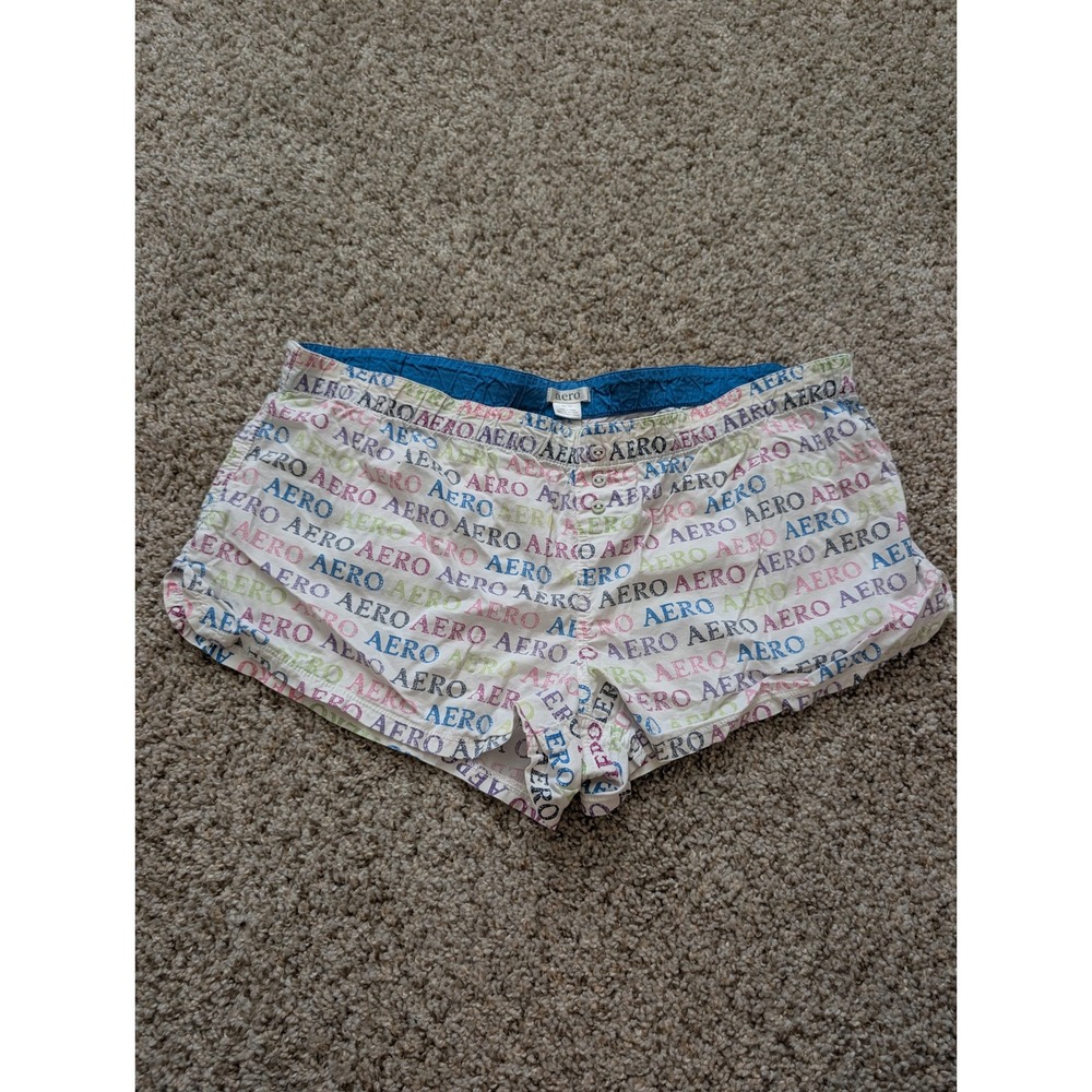 Aeropostale Womens Multi Color Logo Print Cotton Pajama Lounge Shorts White M